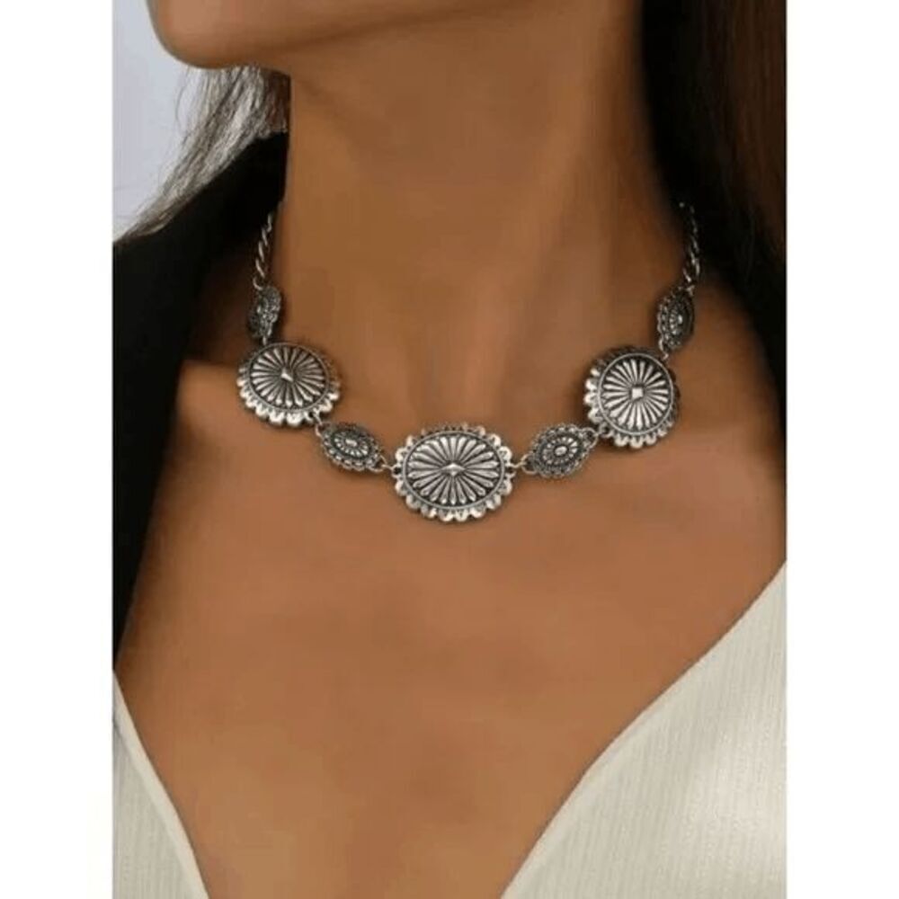 Antique Silver Concho Western Native Pendant Necklace